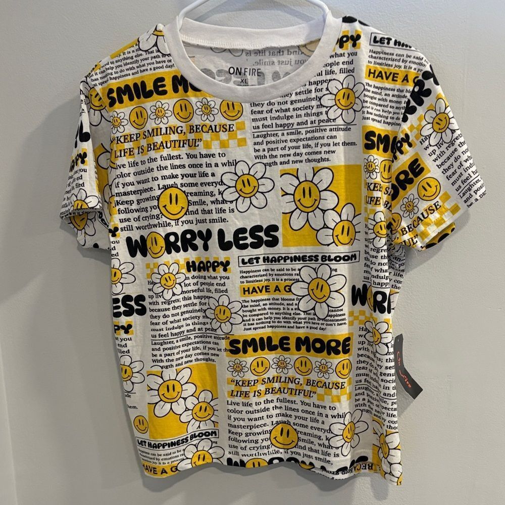 On Fire Graphic Tee - Yellow and Black Smiley Face
